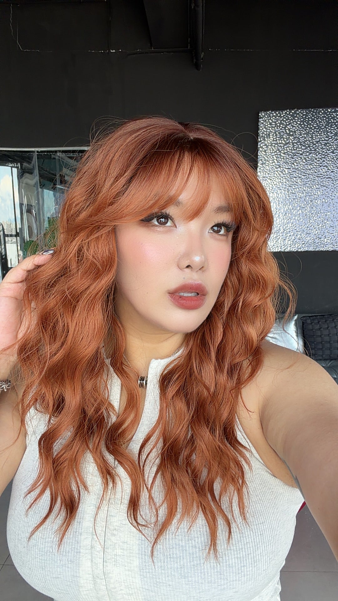 JBEXTENSION 22 Inches Scalpiana Long Wave Copper 3.5X4 Hard Silky Top Natural Scalp Effect Wig with Bangs OSSIE COPPER