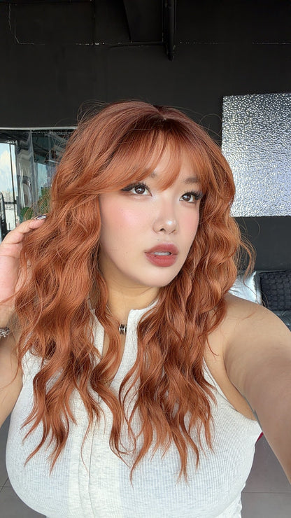 JBEXTENSION 22 Inches Scalpiana Long Wave Copper 3.5X4 Hard Silky Top Natural Scalp Effect Wig with Bangs OSSIE COPPER