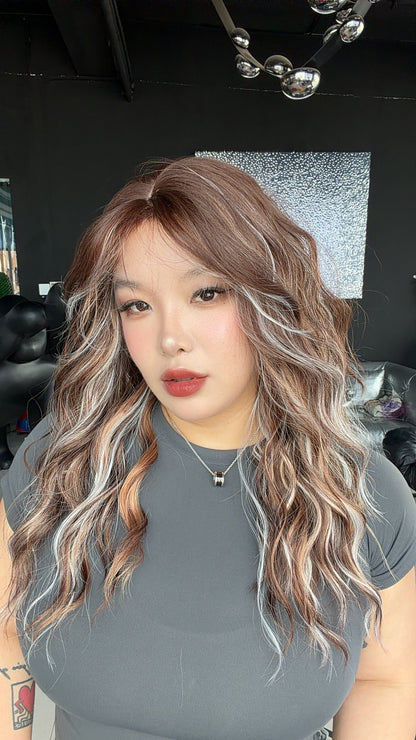 JBEXTENSION 22 Inches Scalpiana Long Wave Light Calico 3.5X4 Hard Silky Top Natural Scalp Effect Wig with Bangs OSSIE LIGHT CALICO