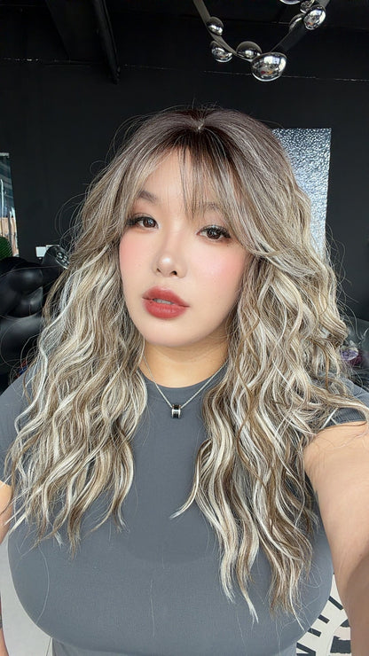 JBEXTENSION 22 Inches Scalpiana Long Wave Milan Blonde 3.5X4 Hard Silky Top Natural Scalp Effect Wig with Bangs OSSIE MILAN BLONDE