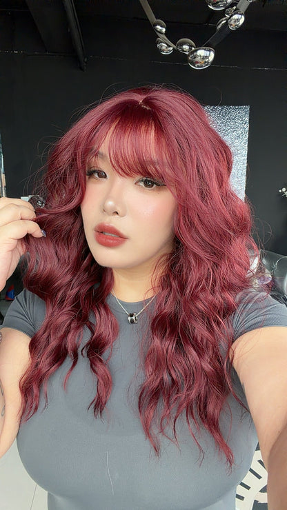 JBEXTENSION 22 Inches Scalpiana Long Wave Red 3.5X4 Hard Silky Top Natural Scalp Effect Wig with Bangs OSSIE RED