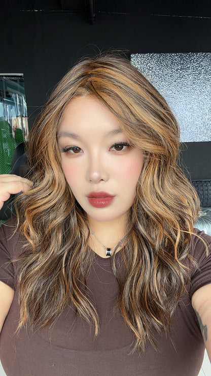 JBEXTENSION FEDE MONO Full Monofilament Handmade Full Lace Full Hand Tied Wig 19 Inches Wave Caramel Mono Lace Handmade Futura Fiber Wig with Anti-slip Silicone Strips Glueless Wig FEDE MONO - CARAMEL【BENDY EAR TABS】
