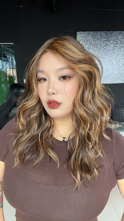 JBEXTENSION FEDE MONO Full Monofilament Handmade Full Lace Full Hand Tied Wig 19 Inches Wave Caramel Mono Lace Handmade Futura Fiber Wig with Anti-slip Silicone Strips Glueless Wig FEDE MONO - CARAMEL【BENDY EAR TABS】
