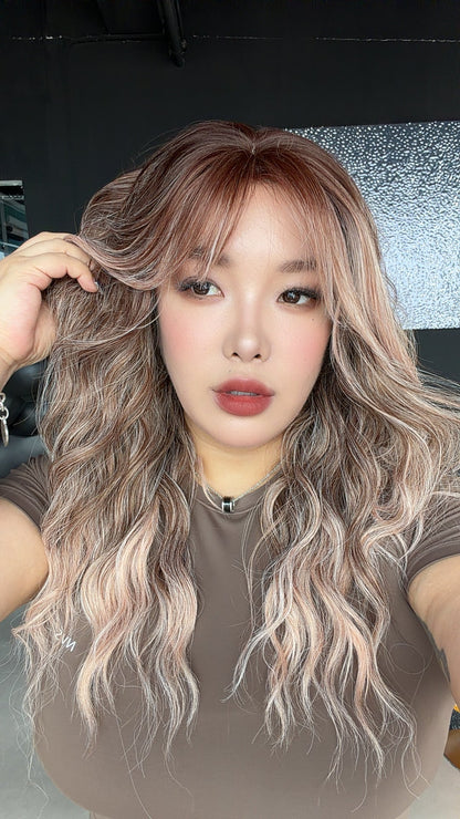 JBEXTENSION 22 Inches Scalpiana Long Wave Apricot 3.5X4 Hard Silky Top Natural Scalp Effect Wig with Bangs OSSIE APRICOT