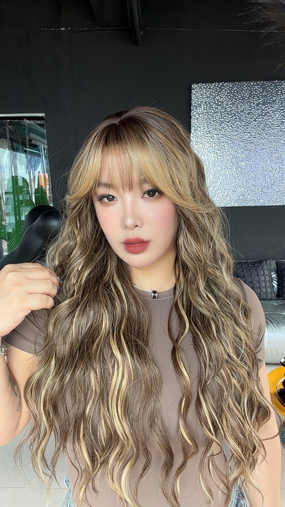 JBEXTENSION 28 Inches Scalpiana Long Wave Hazelnut 3.5X4 Hard Silky Top Natural Scalp Effect Wig with Bangs OSSIE LONG - HAZELNUT