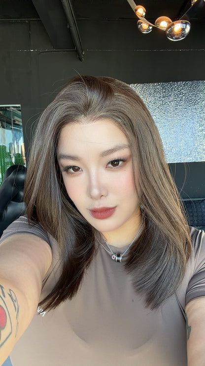 JBEXTENSION 14 Inches Brown Pre-Cut 13X6 Free Part Snowflake Lace Frontlace Bob Cut Glueless Wig GIOIA PRO - BROWN【BENDY EAR TABS】