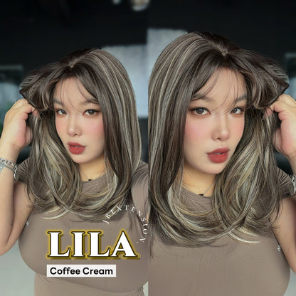 JBEXTENSION 20 Inches Scalpiana Coffee Cream Wolf Cut 3.5X4 Hard Silky Top Natural Scalp Effect Wig With Bangs LILA COFFEE CREAM