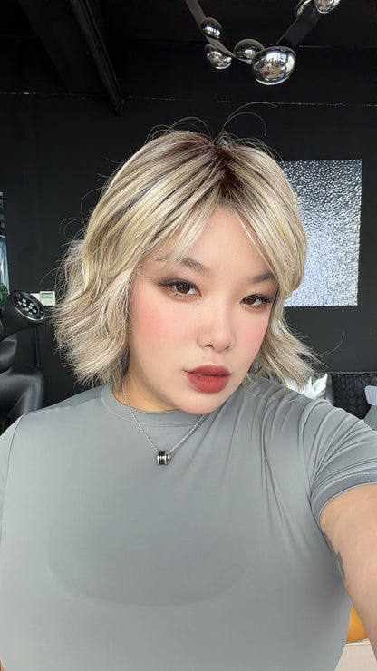 JBEXTENSION GINA MONO Full Monofilament Handmade Full Lace Full Hand Tied Wig 12 Inches Mix Blonde Mono Lace Handmade Futura Fiber Wig with Anti-slip Silicone Strips Glueless Wig GINA MONO【BENDY EAR TABS】