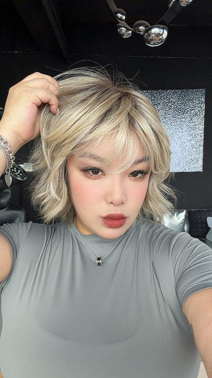 JBEXTENSION GINA MONO Full Monofilament Handmade Full Lace Full Hand Tied Wig 12 Inches Mix Blonde Mono Lace Handmade Futura Fiber Wig with Anti-slip Silicone Strips Glueless Wig GINA MONO【BENDY EAR TABS】