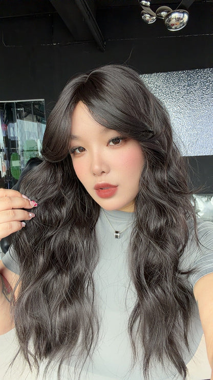 JBEXTENSION 25 Inches Wave Midnight Brown(Black/Brown) Wig with Bangs ZANA MIDNIGHT BROWN