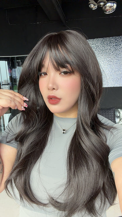 JBEXTENSION 24 Inches Curly Midnight Brown(Black/Brown) Wig with Bangs ROSITA MIDNIGHT BROWN
