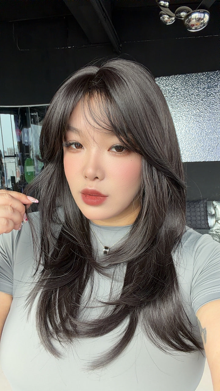 JBEXTENSION 21 Inches Natural Style Midnight Brown(Black/Brown) Wig with Bangs LUCIA MIDNIGHT BROWN