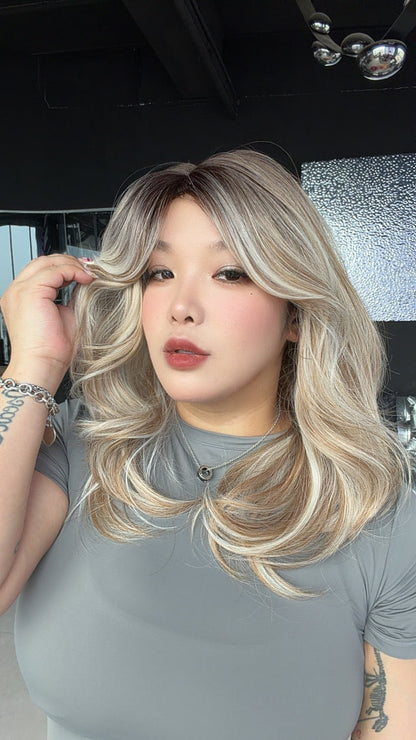 JBEXTENSION 18 Inches Scalpiana Curly Light Mix Blonde 3.5X4 Hard Silky Top Natural Scalp Effect Wig with Bangs KATIE LIGHT MIX BLONDE