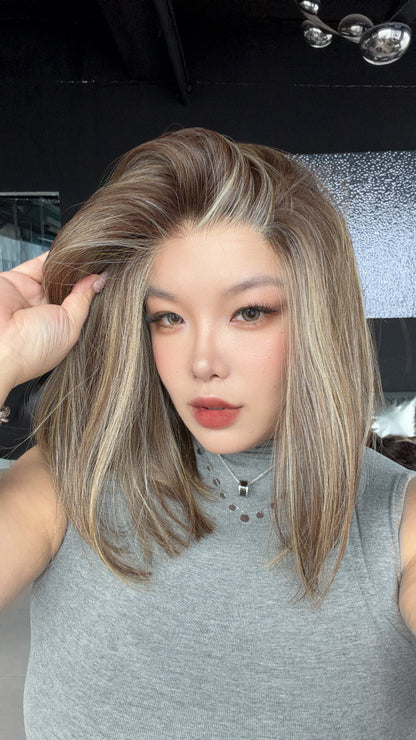 JBEXTENSION 14 Inches Hazelnut Pre-Cut 13X6 Free Part Snowflake Lace Frontlace Bob Cut Glueless Wig GIOIA PRO - HAZELNUT【BENDY EAR TABS】