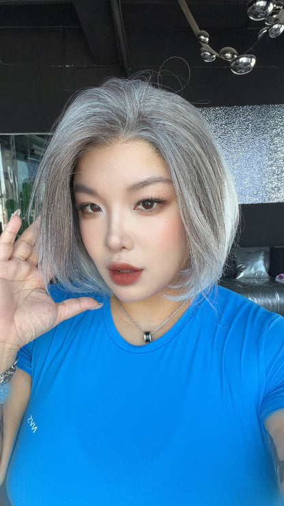 JBEXTENSION 12 Inches Bob Cut Silver Pre-Cut Arc Snowflake Lace Frontlace Glueless Wig KHLOE ARC - SILVER【BENDY EAR TABS】
