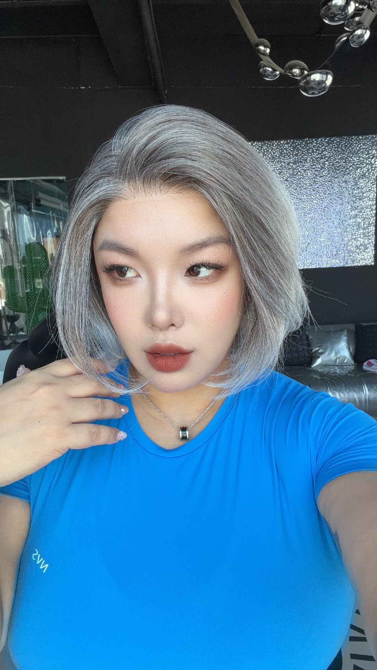JBEXTENSION 12 Inches Bob Cut Silver Pre-Cut Arc Snowflake Lace Frontlace Glueless Wig KHLOE ARC - SILVER【BENDY EAR TABS】