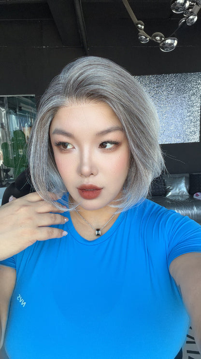 JBEXTENSION 12 Inches Bob Cut Silver Pre-Cut Arc Snowflake Lace Frontlace Glueless Wig KHLOE ARC - SILVER【BENDY EAR TABS】