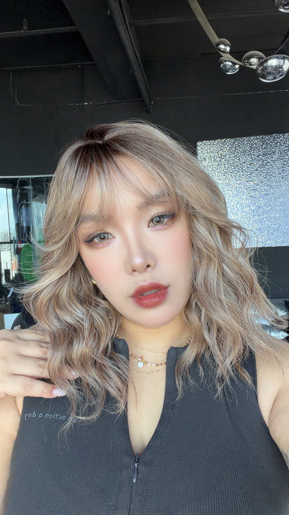 JBEXTENSION 14 Inches Scalpiana Wave British Milk Tea 3.5X4 Hard Silky Top Natural Scalp Effect Wig with Bangs OSSIE SHORT - BRITISH MILK TEA