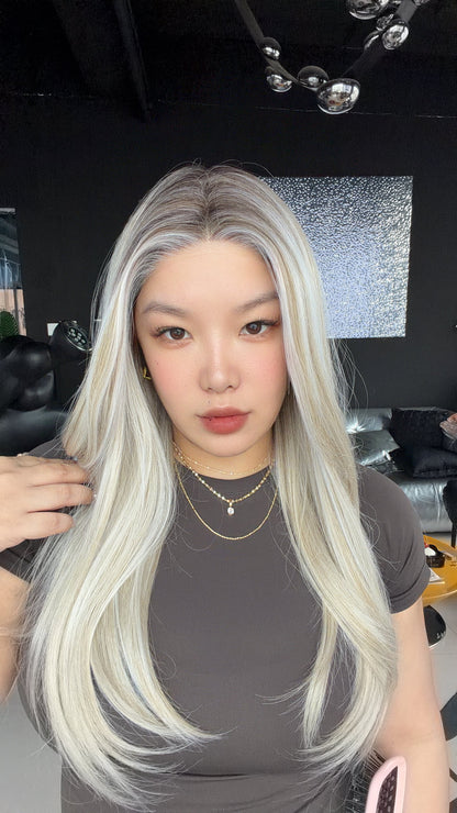JBEXTENSION 21 Inches Straight Ash Blonde Pre-Cut Arc Snowflake Lace Frontlace Glueless Wig AMBER ASH BLONDE【BENDY EAR TABS】