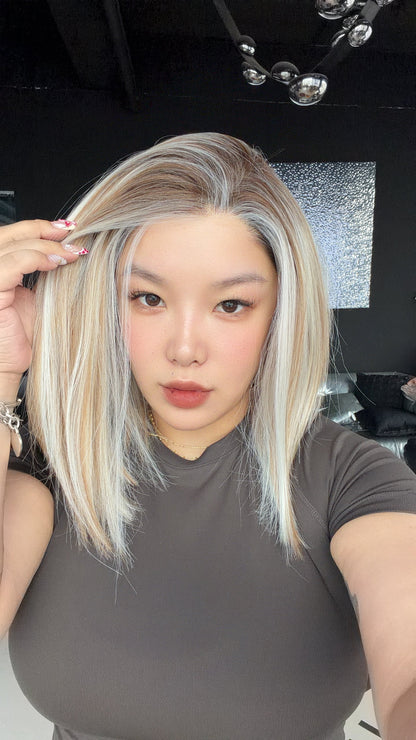 JBEXTENSION 14 Inches Mix Blonde Pre-Cut 13X6 Free Part Snowflake Lace Frontlace Bob Cut Glueless Wig GIOIA PRO - MIX BLONDE【BENDY EAR TABS】