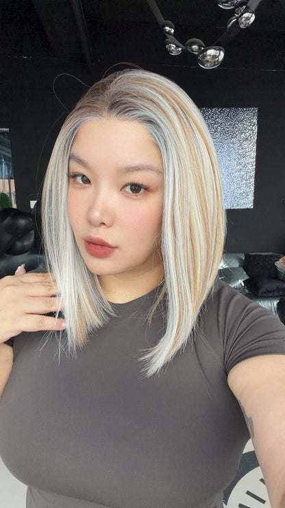JBEXTENSION 14 Inches Mix Blonde Pre-Cut 13X6 Free Part Snowflake Lace Frontlace Bob Cut Glueless Wig GIOIA PRO - MIX BLONDE【BENDY EAR TABS】