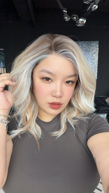 JBEXTENSION 16 Inches Mix Blonde Pre-Cut 13X6 Free Part Snowflake Lace Frontlace Glueless Wig MONICA PRO - MIX BLONDE【BENDY EAR TABS】