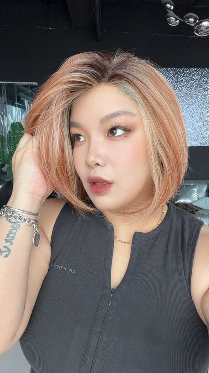 JBEXTENSION 12 Inches Bob Cut Sunset Blush Pre-Cut Arc Snowflake Lace Frontlace Glueless Wig KHLOE ARC - SUNSET BLUSH【BENDY EAR TABS】
