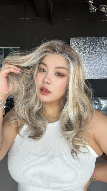 JBEXTENSION 22 Inches Silver Sand Blonde Curly Pre-Cut 13X6 Free Part Snowflake Lace Frontlace Glueless Wig CLAIRE PRO - SILVER SAND BLONDE【BENDY EAR TABS】