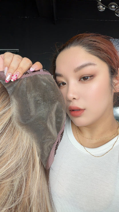 JBEXTENSION 22 Inches Silver Sand Blonde Curly Pre-Cut 13X6 Free Part Snowflake Lace Frontlace Glueless Wig CLAIRE PRO - SILVER SAND BLONDE【BENDY EAR TABS】