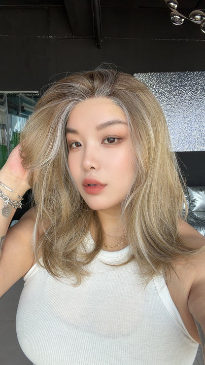 JBEXTENSION STACY MONO Monofilament Handmade Wig 6X5 Full Monofilament Hand Tied Top Wig 18 Inches Dark Mix Blonde Mono Lace Wig with Anti-slip Silicone Strips Glueless Wig STACY MONO - DARK MIX BLONDE【BENDY EAR TABS】