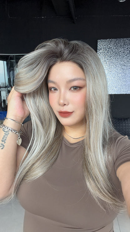 JBEXTENSION 21 Inches Straight Medium Ash Blonde Pre-Cut Arc Snowflake Lace Frontlace Glueless Wig AMBER MEDIUM ASH BLONDE【BENDY EAR TABS】