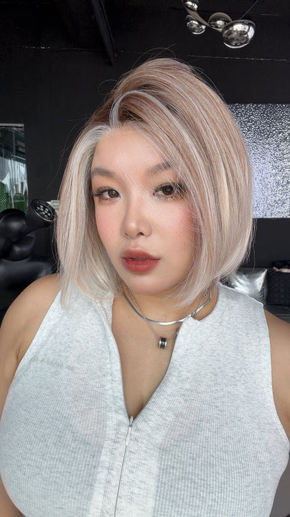JBEXTENSION 12 Inches Bob Cut Ash Blonde Pre-Cut Arc Snowflake Lace Frontlace Glueless Wig KHLOE ARC - ASH BLONDE【BENDY EAR TABS】