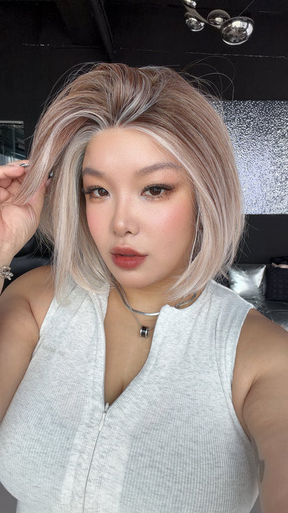 JBEXTENSION 12 Inches Bob Cut Ash Blonde Pre-Cut Arc Snowflake Lace Frontlace Glueless Wig KHLOE ARC - ASH BLONDE【BENDY EAR TABS】