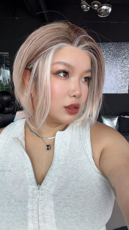 JBEXTENSION 12 Inches Bob Cut Ash Blonde Pre-Cut Arc Snowflake Lace Frontlace Glueless Wig KHLOE ARC - ASH BLONDE【BENDY EAR TABS】