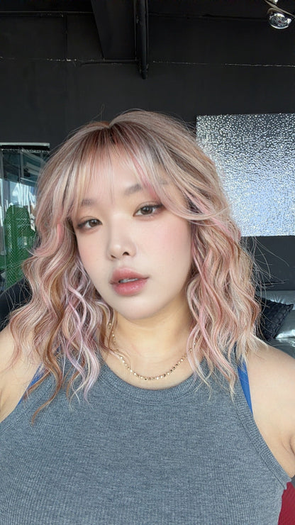 JBEXTENSION 14 Inches Scalpiana Wave Peach Rose 3.5X4 Hard Silky Top Natural Scalp Effect Wig with Bangs OSSIE SHORT - PEACH ROSE