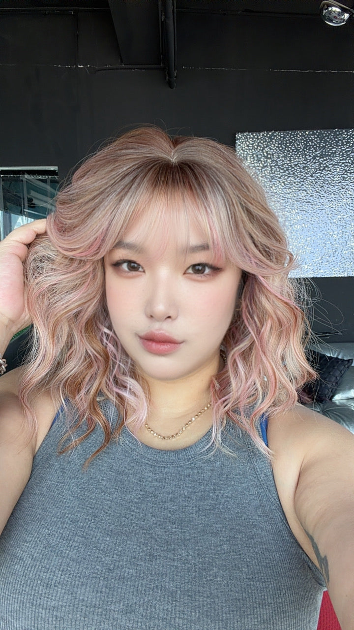 JBEXTENSION 14 Inches Scalpiana Wave Peach Rose 3.5X4 Hard Silky Top Natural Scalp Effect Wig with Bangs OSSIE SHORT - PEACH ROSE