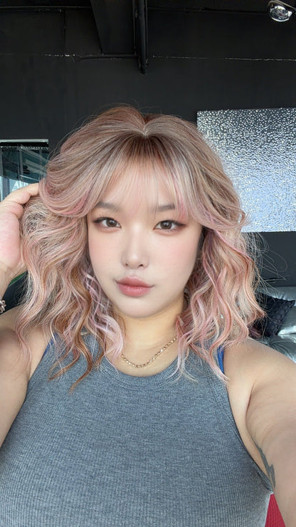 JBEXTENSION 14 Inches Scalpiana Wave Peach Rose 3.5X4 Hard Silky Top Natural Scalp Effect Wig with Bangs OSSIE SHORT - PEACH ROSE