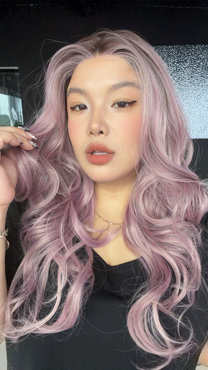 JBEXTENSION 24 Inches Long Curly Sakura Pink Pre-Cut Arc Snowflake Lace Frontlace Glueless Wig ANGELA ARC - SAKURA PINK【BENDY EAR TABS】