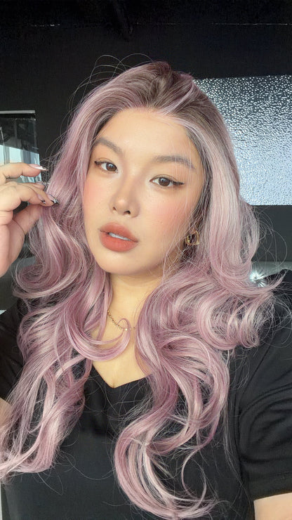 JBEXTENSION 24 Inches Long Curly Sakura Pink Pre-Cut Arc Snowflake Lace Frontlace Glueless Wig ANGELA ARC - SAKURA PINK【BENDY EAR TABS】