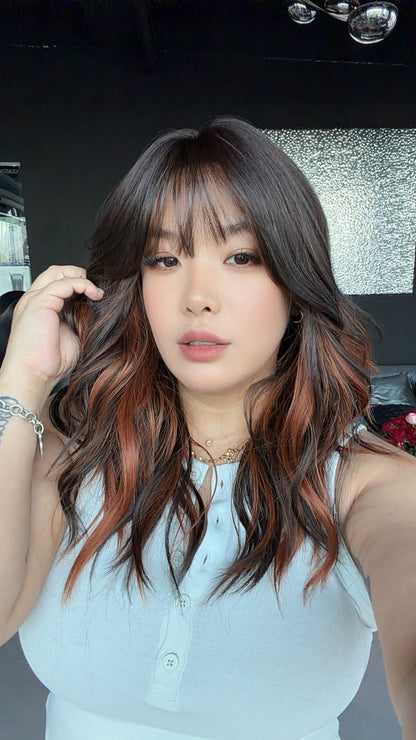 JBEXTENSION 20 Inches Wave Brunette Copper Highlight Wig with Bangs KIS BRUNETTE COPPER HIGHLIGHT