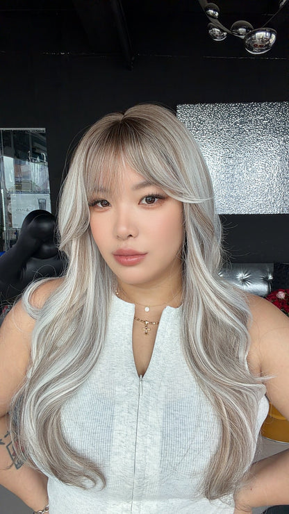 JBEXTENSION 25 Inches Long Curly Ash Blonde Wig with Bangs GWEN ASH BLONDE