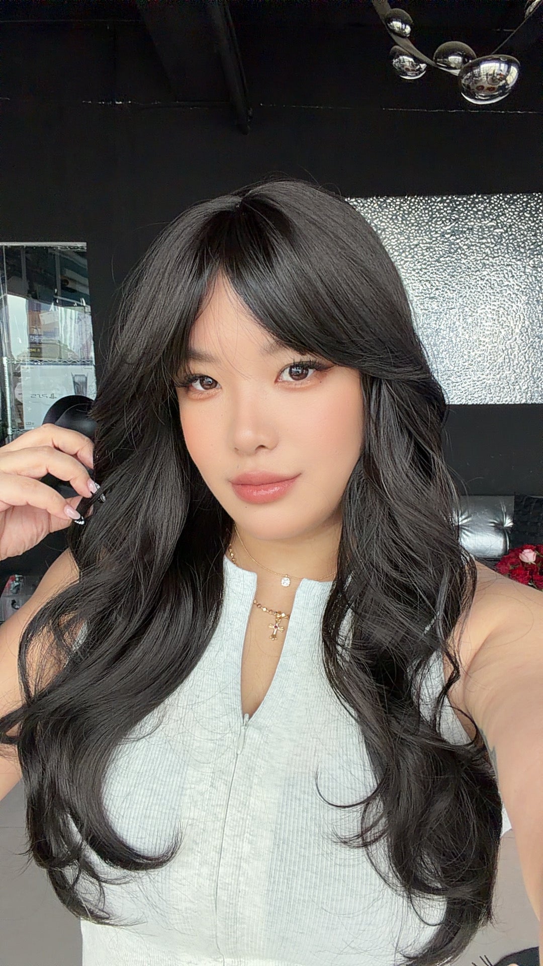 JBEXTENSION 25 Inches Long Curly Midnight Brown(Black/Brown) Wig with Bangs GWEN MIDNIGHT BROWN