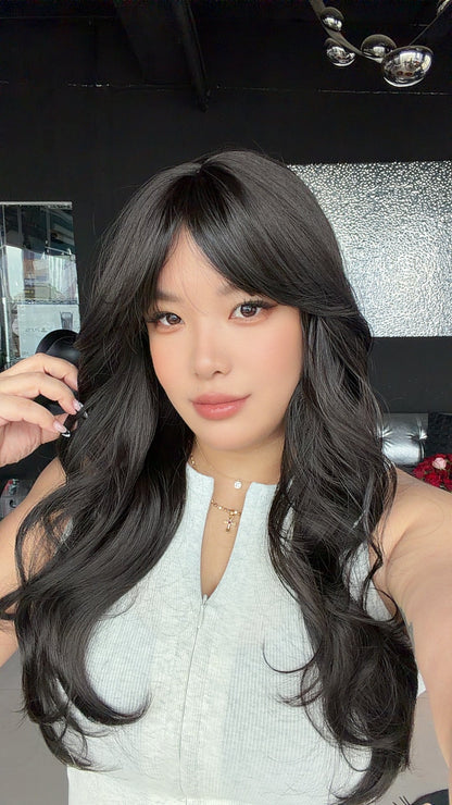 JBEXTENSION 25 Inches Long Curly Midnight Brown(Black/Brown) Wig with Bangs GWEN MIDNIGHT BROWN