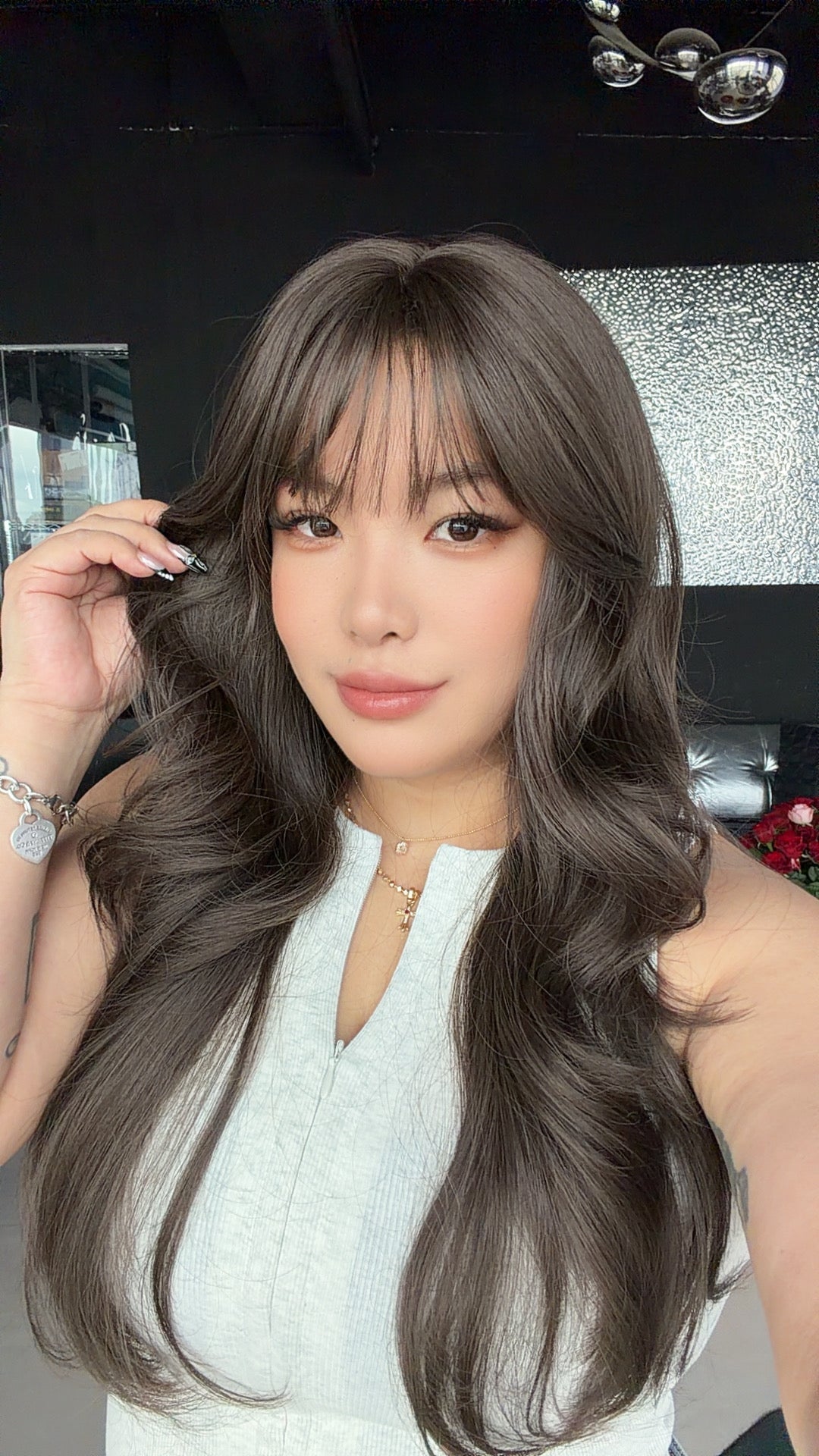 JBEXTENSION 25 Inches Long Curly Cold Brown Wig with Bangs GWEN COLD BROWN