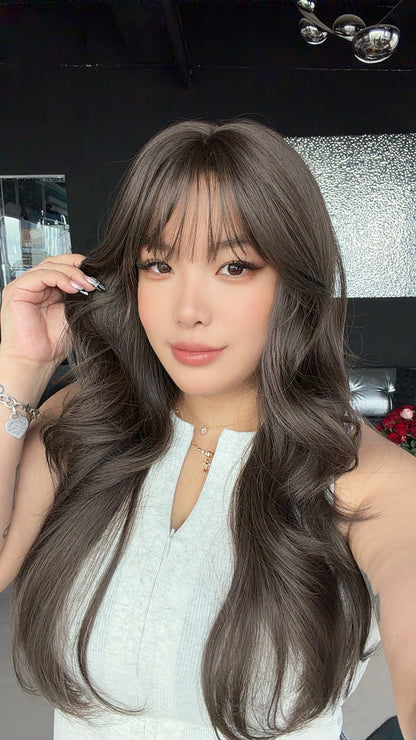 JBEXTENSION 25 Inches Long Curly Cold Brown Wig with Bangs GWEN COLD BROWN