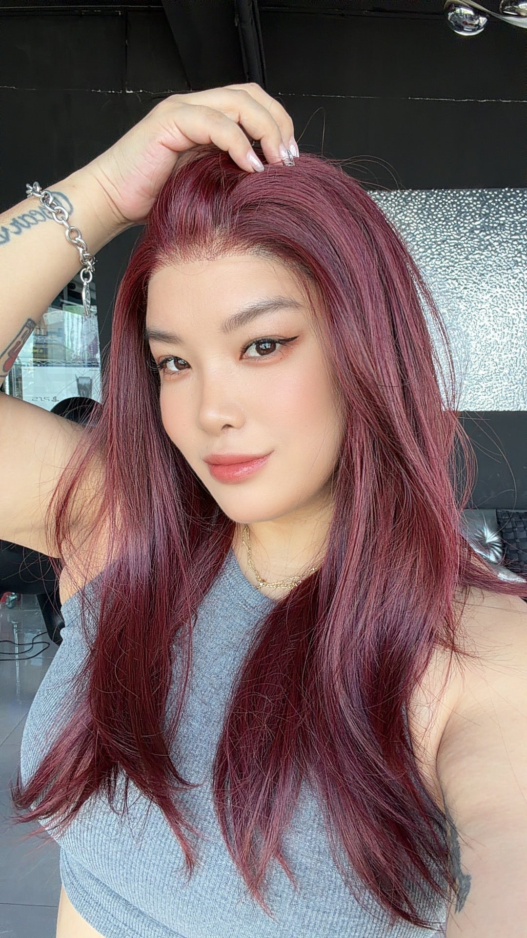 JBEXTENSION 22 Inches Dark Red Pre-Cut 13X6 Free Part Snowflake Lace Frontlace Glueless Wig KEL PRO - DARK RED【BENDY EAR TABS】