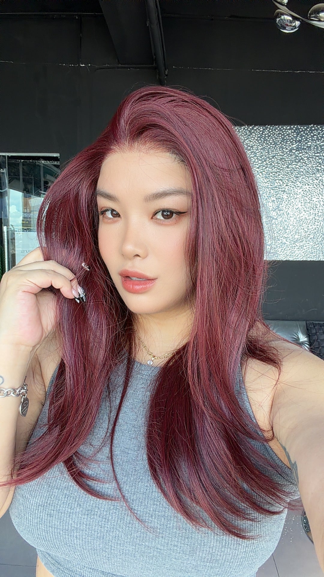 JBEXTENSION 22 Inches Dark Red Pre-Cut 13X6 Free Part Snowflake Lace Frontlace Glueless Wig KEL PRO - DARK RED【BENDY EAR TABS】
