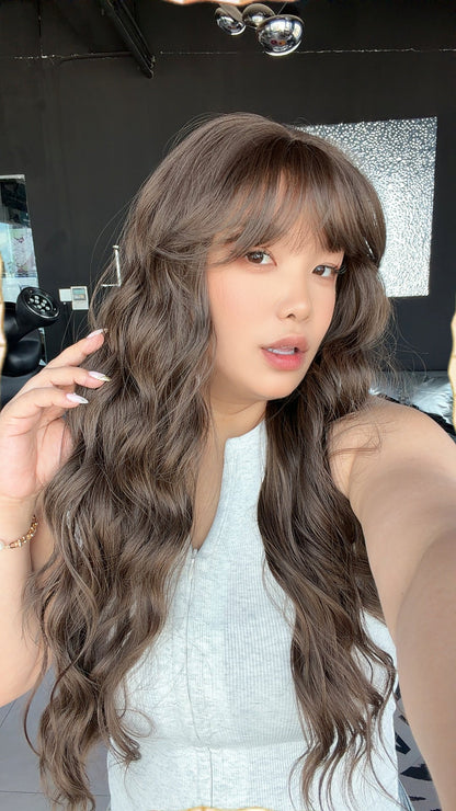 JBEXTENSION 28 Inches Scalpiana Long Wave Cold Brown 3.5X4 Hard Silky Top Natural Scalp Effect Wig with Bangs OSSIE LONG - COLD BROWN