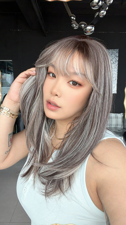 JBEXTENSION 20 Inches Scalpiana Nut Mix Wolf Cut 3.5X4 Hard Silky Top Natural Scalp Effect Wig with Bangs LILA NUT MIX