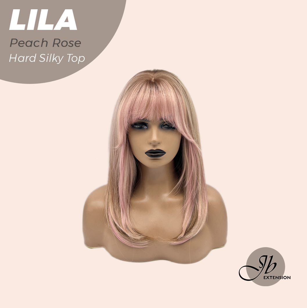 JBEXTENSION 20 Inches Scalpiana Peach Rose Wolf Cut 3.5X4 Hard Silky Top Natural Scalp Effect Wig with Bangs LILA PEACH ROSE